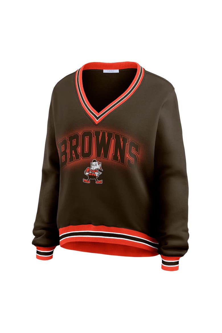 Women's WEAR by Erin Andrews Brown Cleveland Browns Oversized Long Sleeve V-Neck Sweatshirt, Alternate, color, Brown