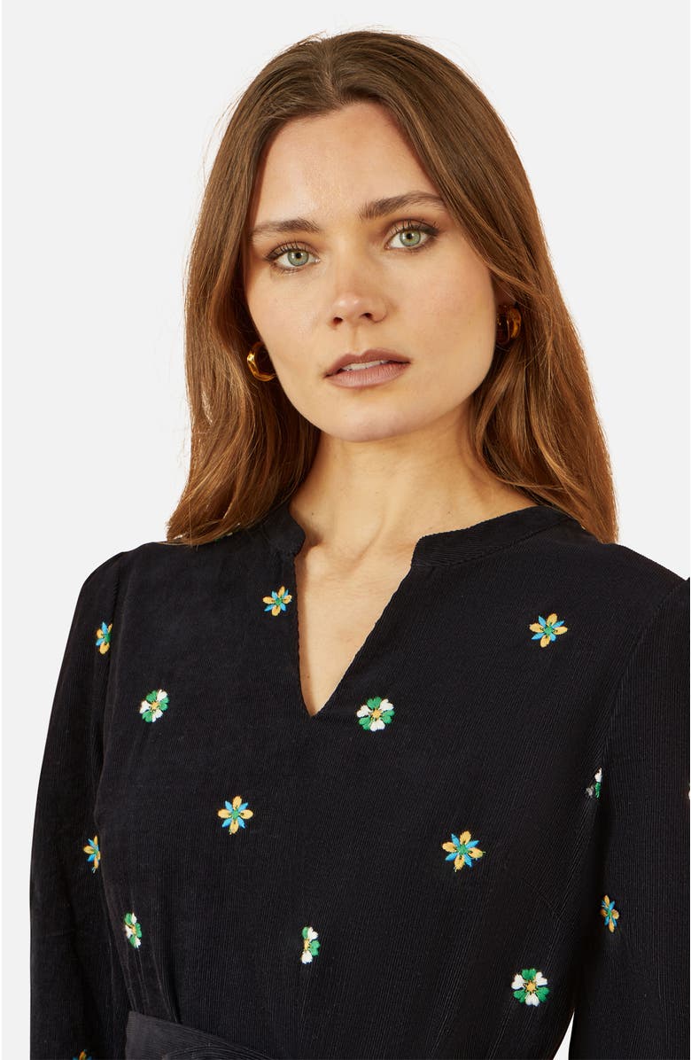 Yumi Flower Embroidery Midi Cord Dress, Alternate, color, Black