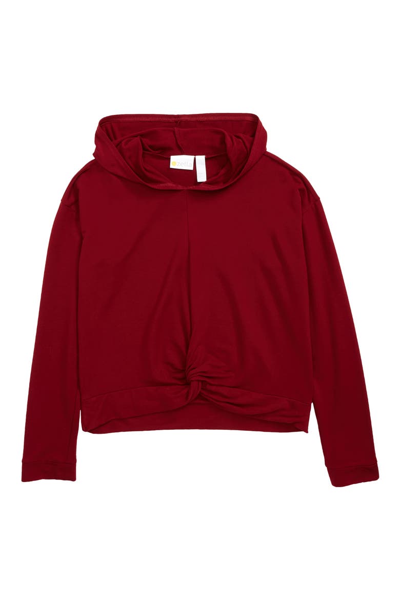 Kids' Take It Easy Twist French Terry Hoodie, Main, color, RED RHUBARB