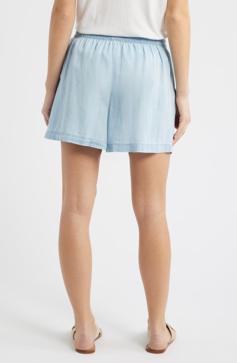 beachlunchlounge Toney Tie Waist Chambray Shorts, Alternate, color, Bleach Wash
