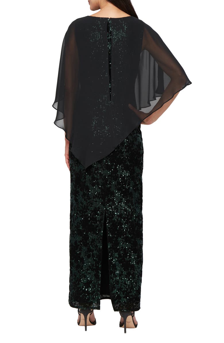 SL FASHIONS Chiffon Capelet Sequin Gown, Alternate, color, Black/Emerald