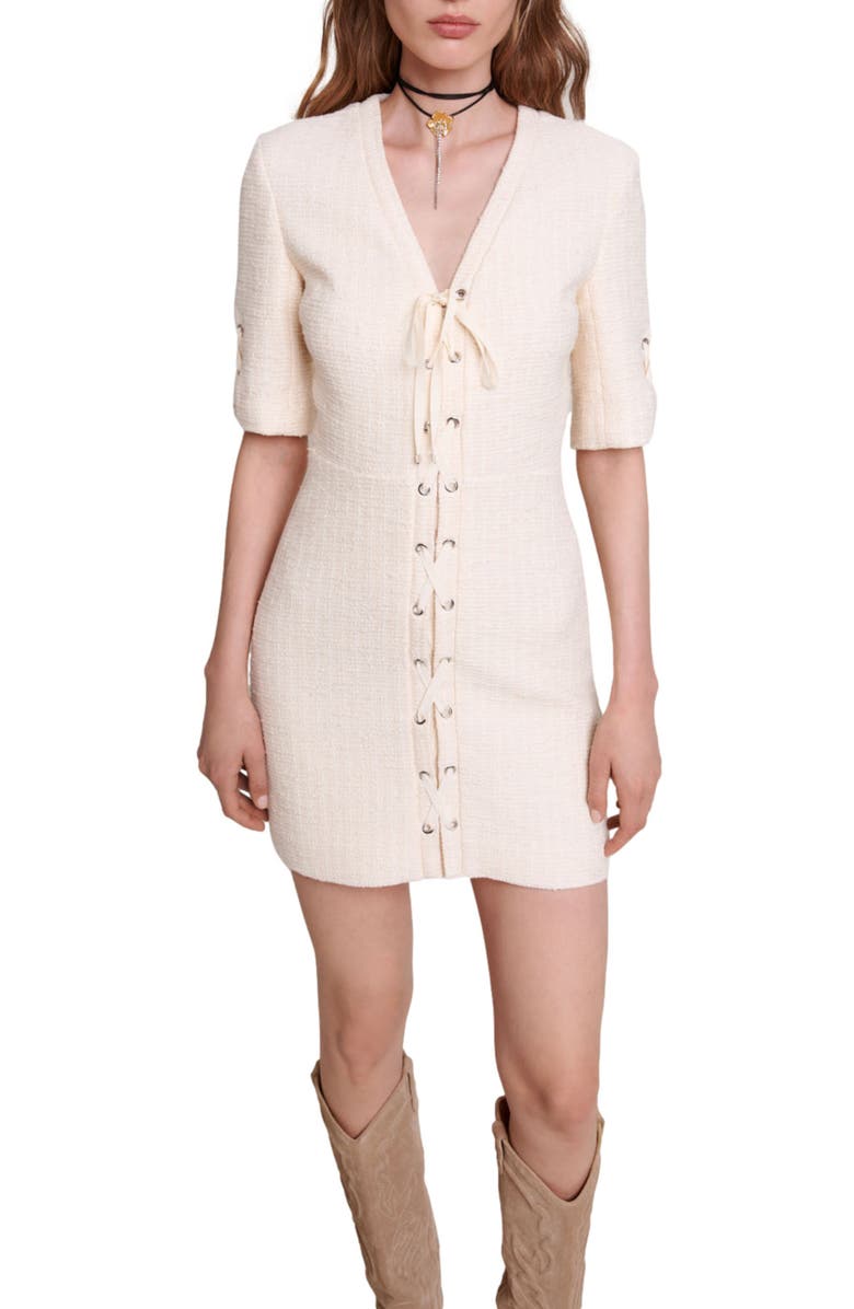 maje Rilena Lace-Up Tweed Minidress, Alternate, color,