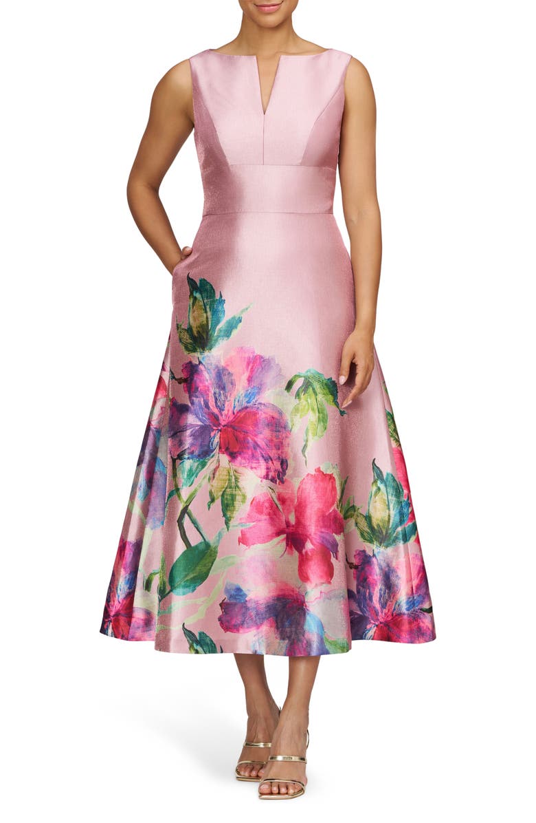 Kay Unger Marlene Placed Floral Print Sleeveless Cocktail Dress, Main, color, Woodrose Multi