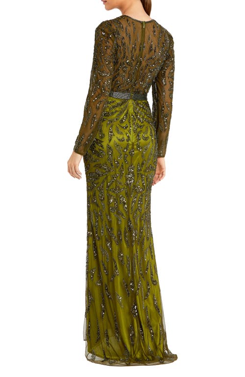 Mac Duggal Beaded Long Sleeve Evening Gown In Olive