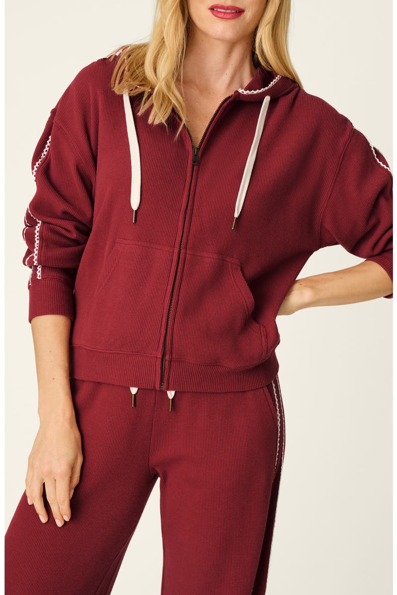 Waffle Knit Full Zip Hoodie, Main, color, DARK WINE