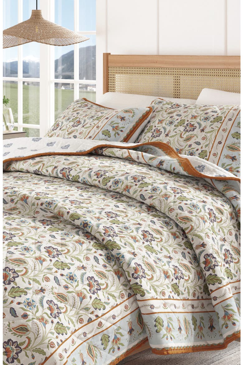Boho Block Print Floral Cotton Quilt & Sham Set, Alternate, color, REGAL GARDEN - IVORY