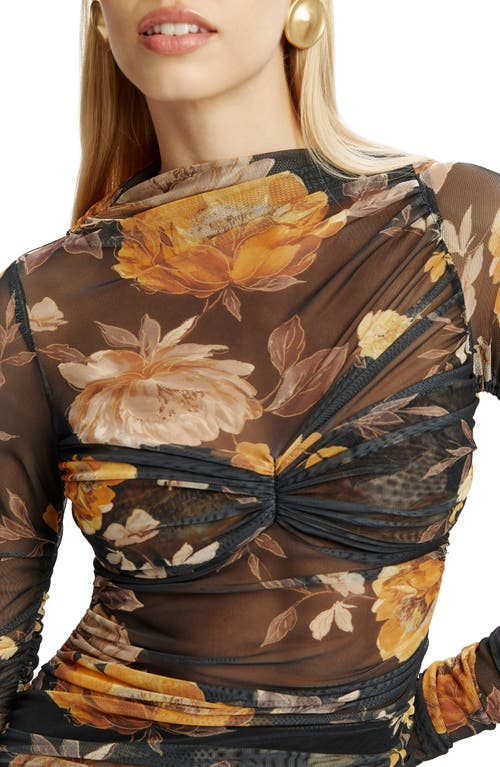 Bardot Althea Floral Long Sleeve Ruched Mesh Midi Dress In Black