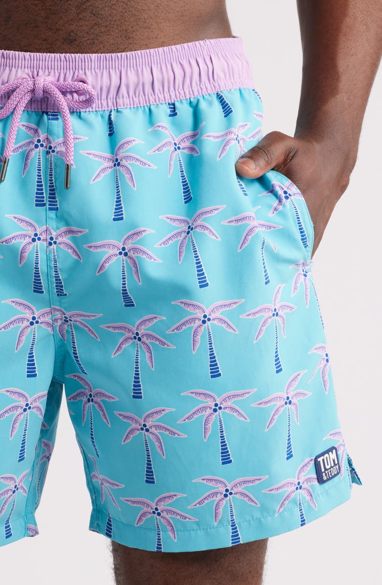 Tom & Teddy Palm Tree Print Swim Trunks, Alternate, color, Aqua Violet