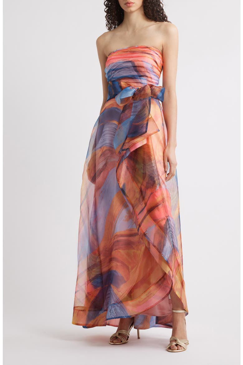 Ruched Bodice Strapless Gown, Main, color, SUNSET