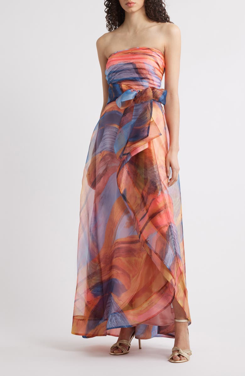 Tahari ASL Ruched Bodice Strapless Gown, Main, color, Sunset