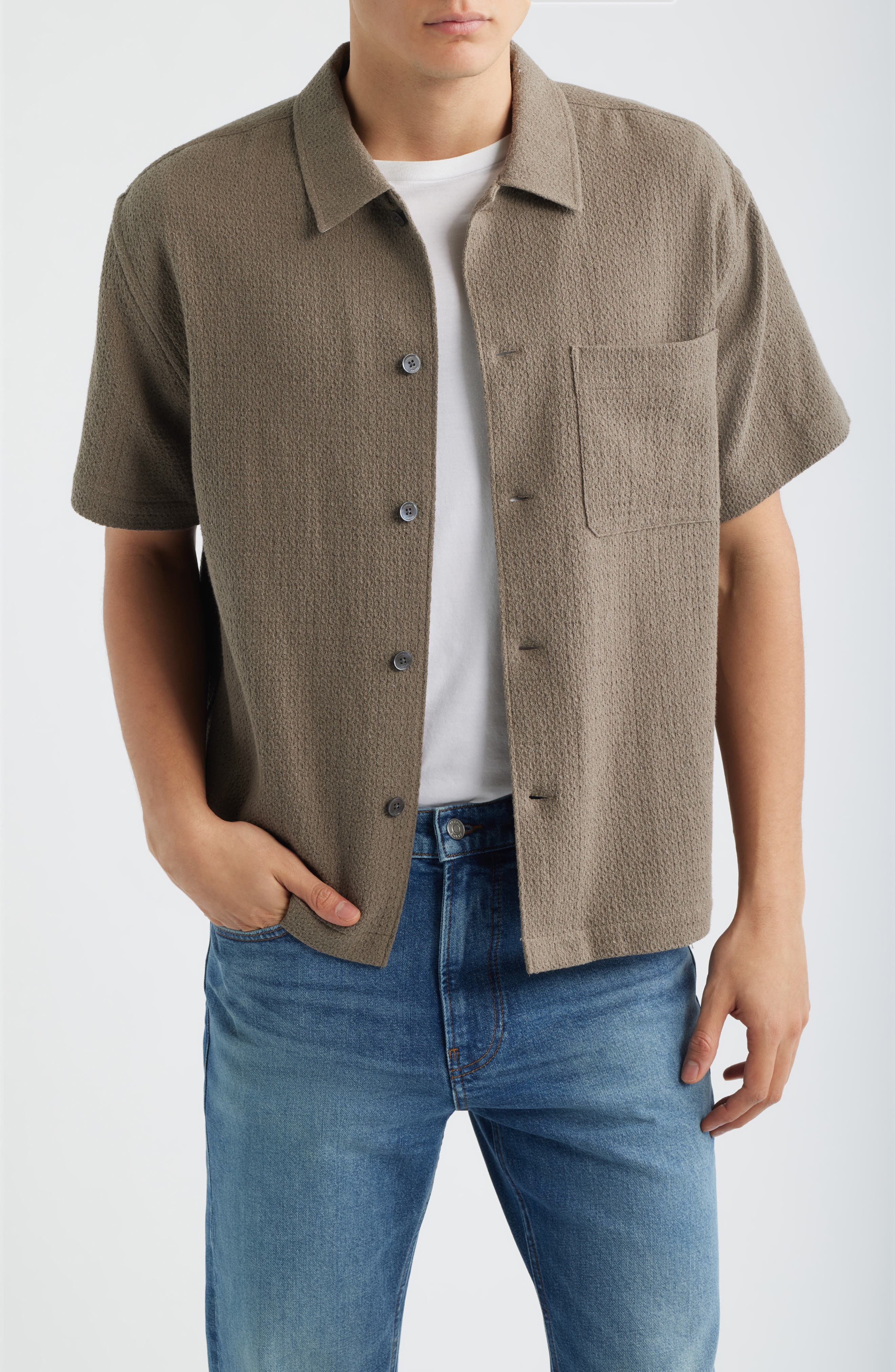 Open Weave Short Sleeve Cotton Blend Button-Up Shirt