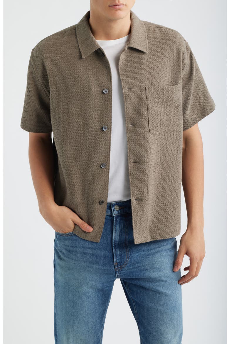 Open Weave Short Sleeve Cotton Blend Button-Up Shirt, Main, color, WARM GREY