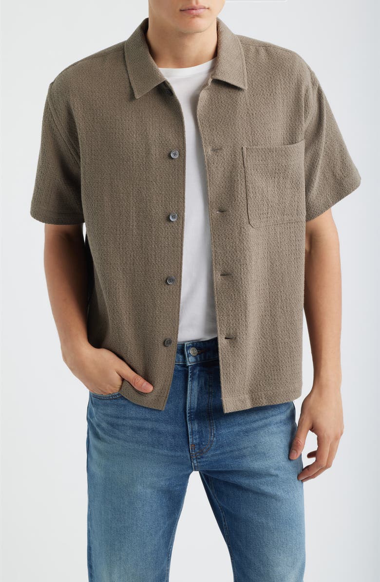 FRAME Open Weave Short Sleeve Cotton Blend Button-Up Shirt, Main, color, Warm Grey