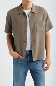 FRAME Open Weave Short Sleeve Cotton Blend Button-Up Shirt