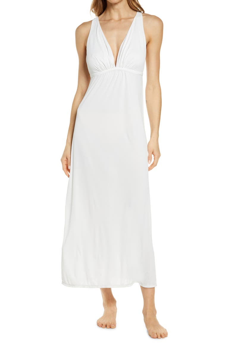 Enchant Deep V-Neck Satin Nightgown, Main, color, IVORY W/ SHELL PINK LACE