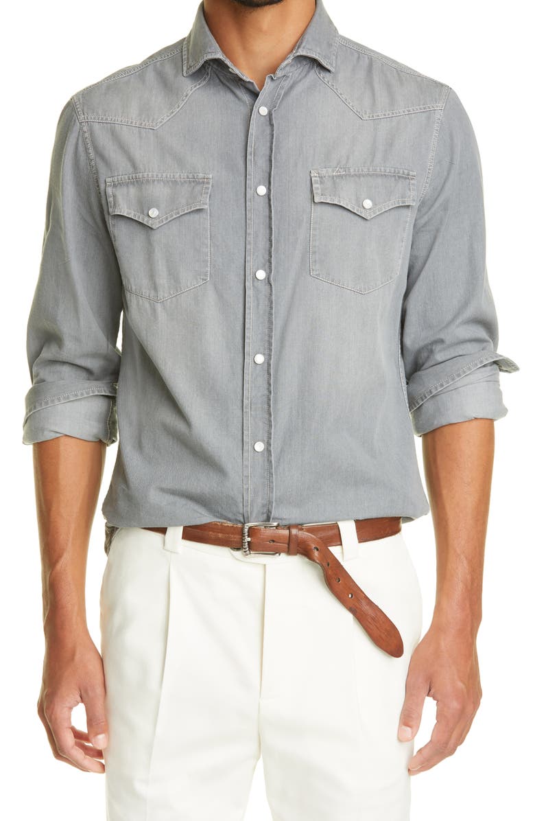 Brunello Cucinelli Leisure Fit Denim Western Shirt, Main, color, 