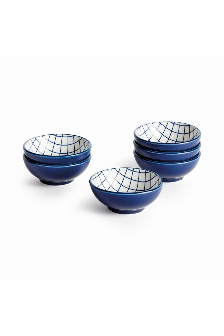 Stria Grid Dip Bowls, Set of 6 - Dark Blue/White Ceramic, Main, color, Blue