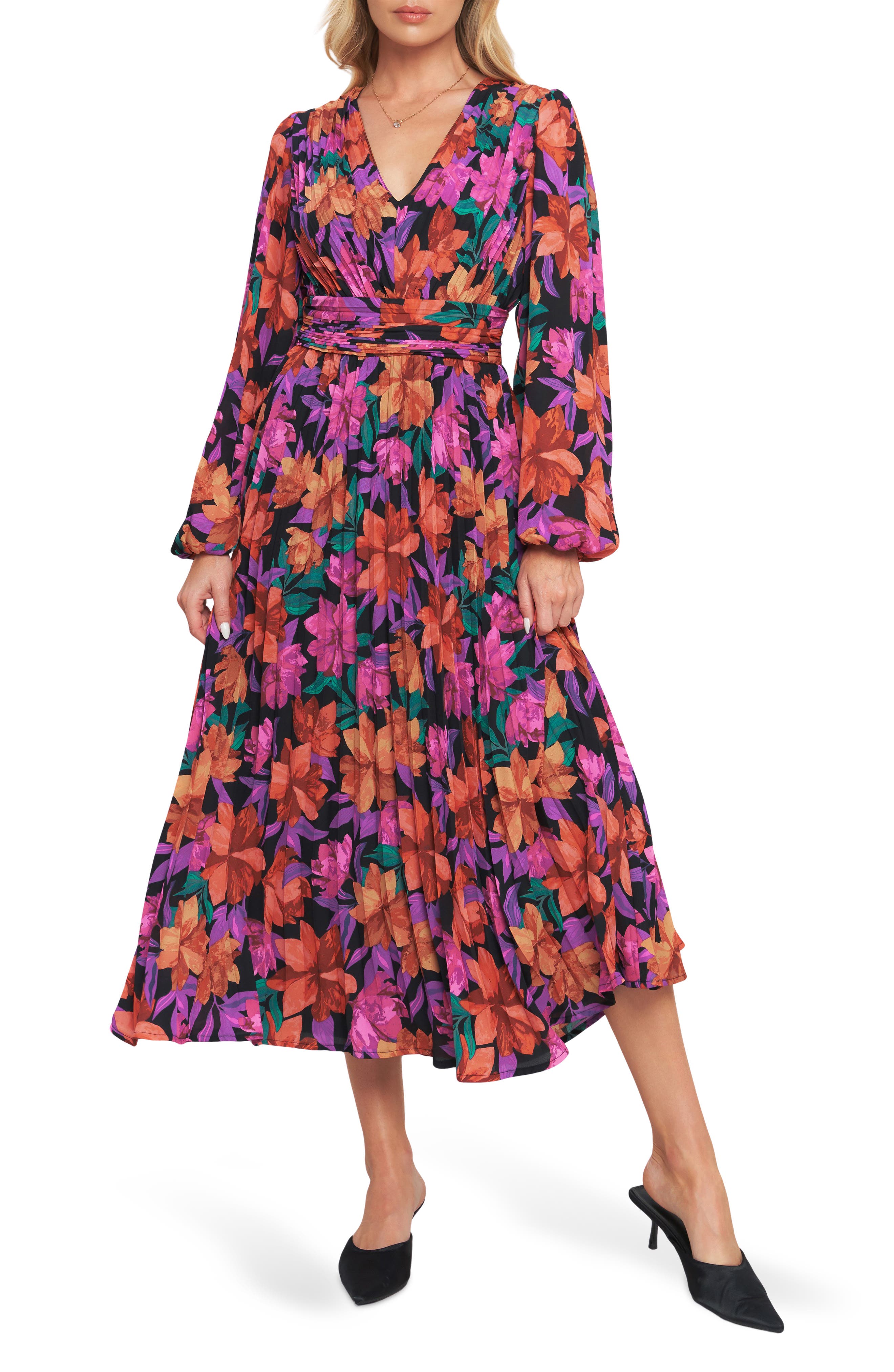 FLYING TOMATO Floral Billowy Sleeve Midi Dress