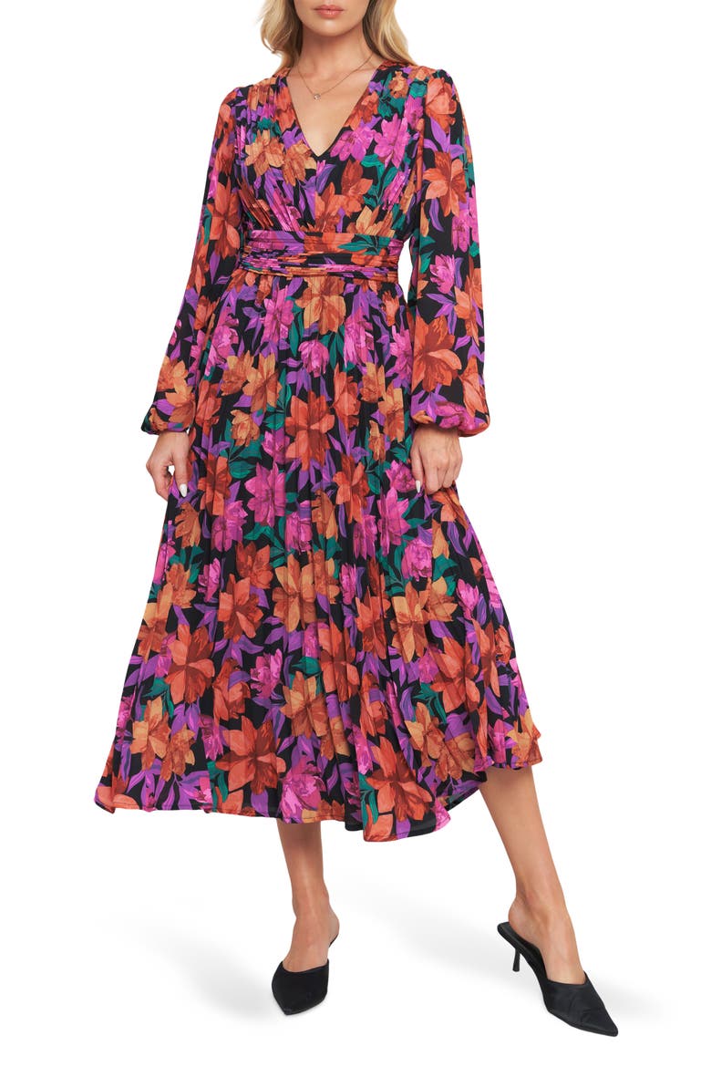 Floral Billowy Sleeve Midi Dress, Main, color, BLACK/ RED MULTI