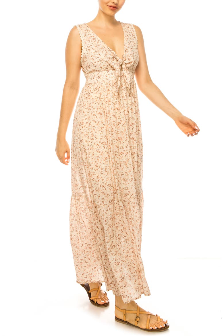 Tie Front Ditsy Floral Maxi Dress, Alternate, color, NATURAL