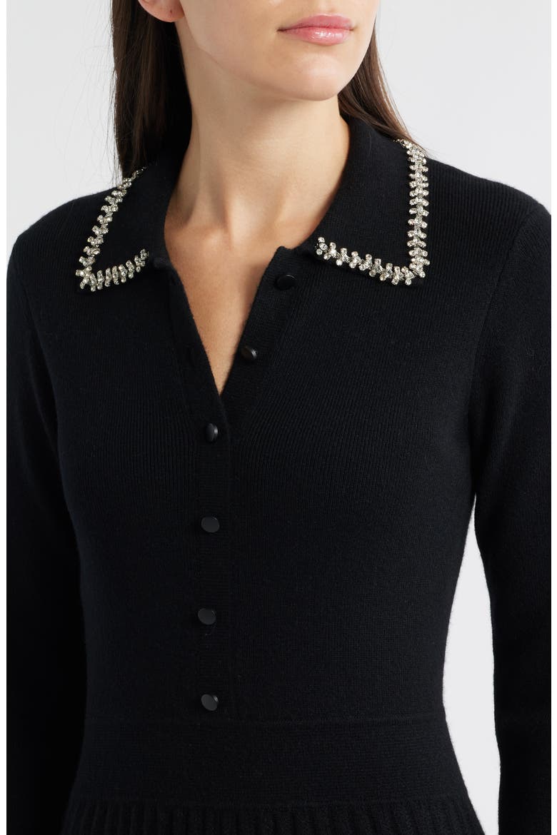Penny Embellished Collar Pleated Long Sleeve Cashmere Sweater Dress, Alternate, color, NOIR BLACK