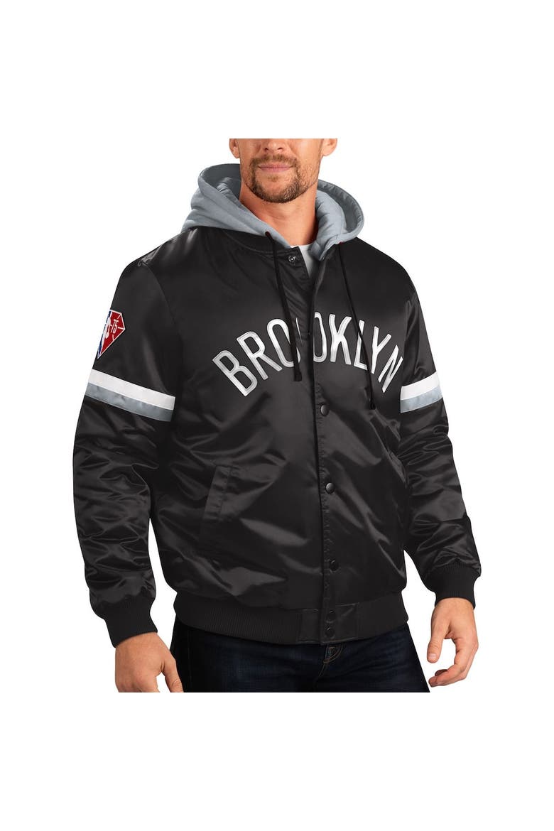Men's Starter Black/Gray Brooklyn Nets NBA 75th Anniversary Full-Snap Varsity Hoodie Jacket, Main, color, Black