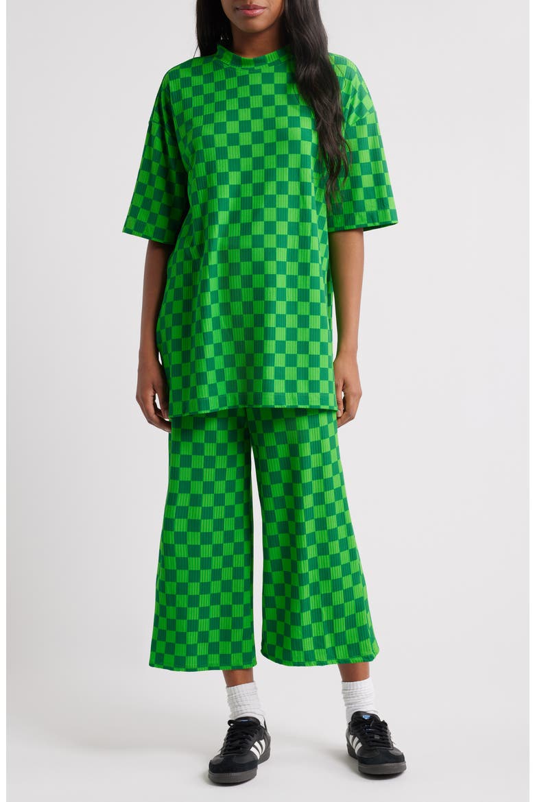 Lex Ribbed Oversize T-Shirt & High Waist Crop Pants Set, Main, color, LUCKY GREEN CHECK