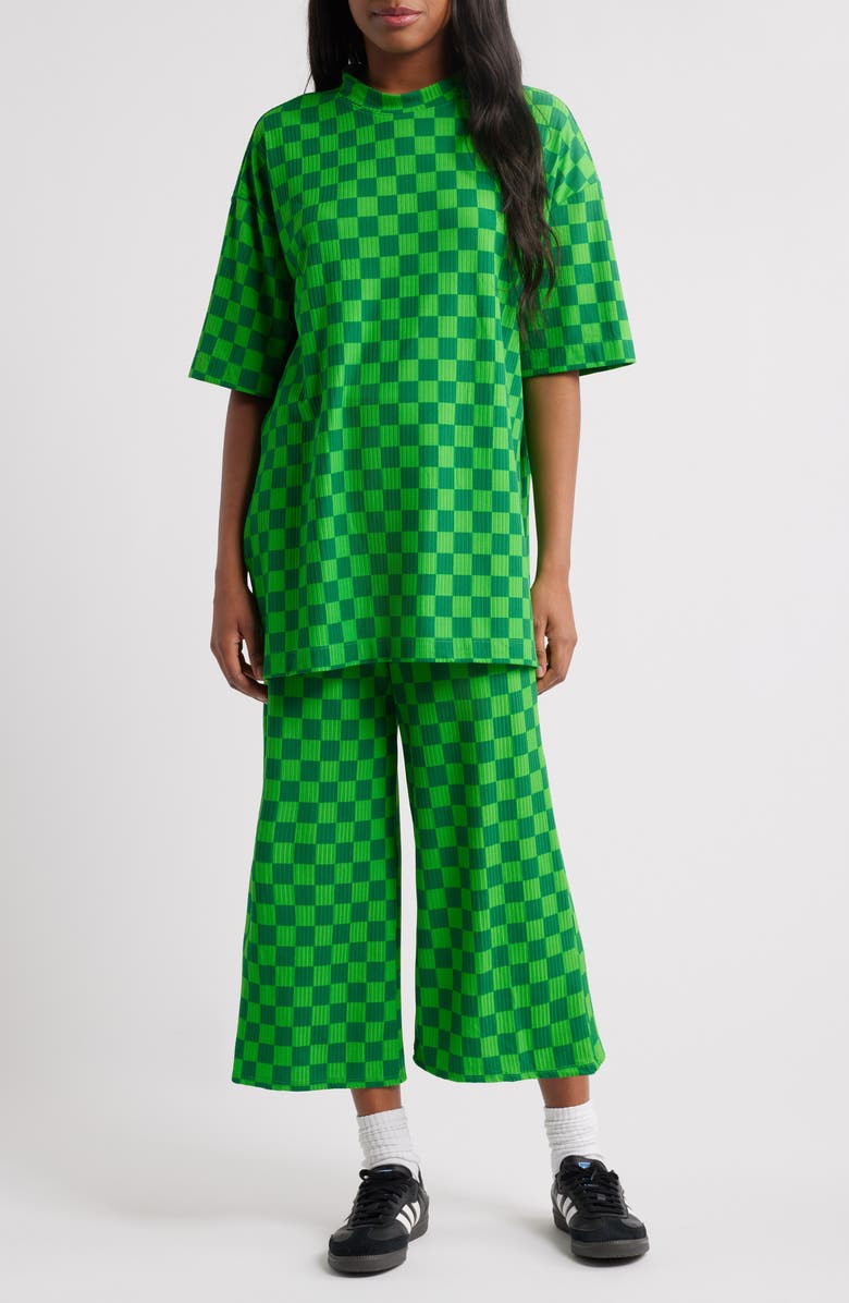 Dressed in Lala Lex Ribbed Oversize T-Shirt & High Waist Crop Pants Set, Main, color, Lucky Green Check