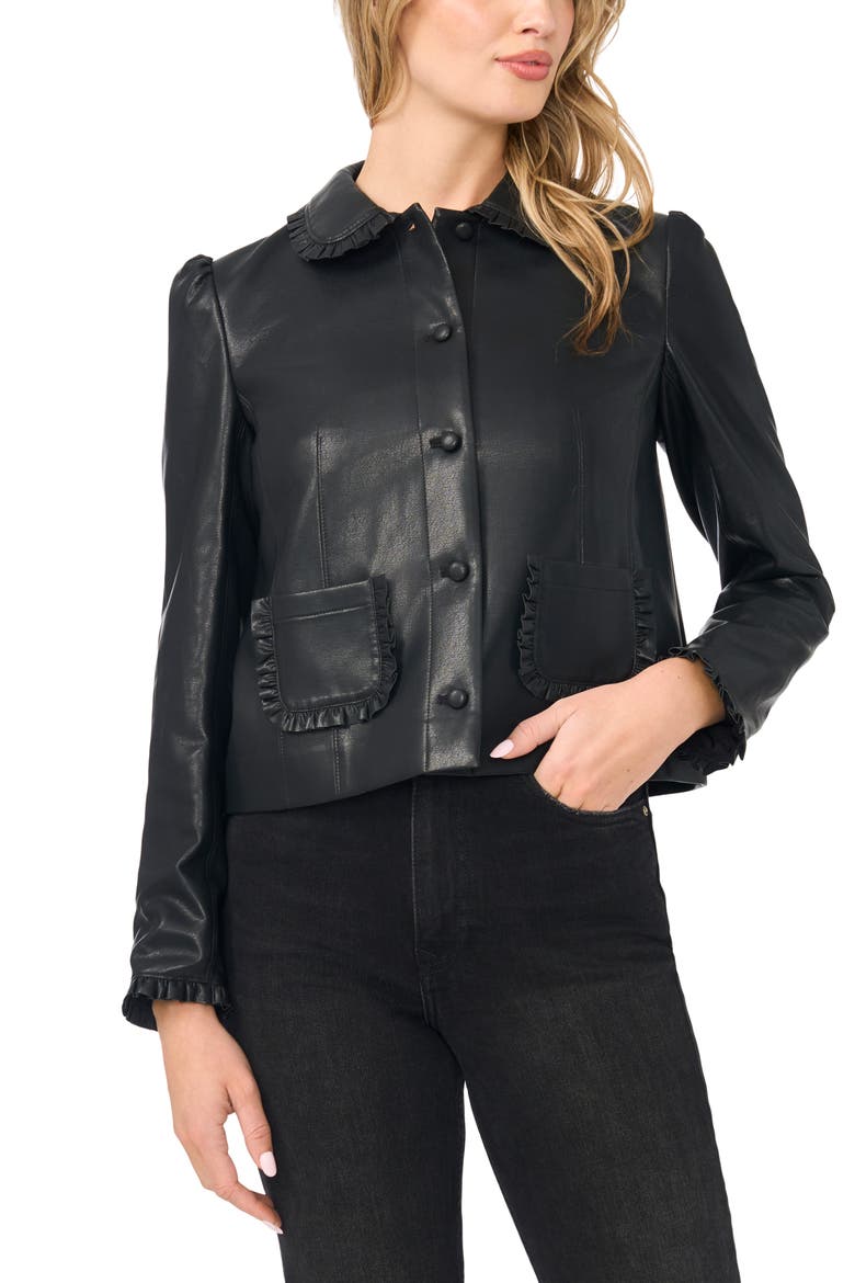 Crop Ruffle Trim Faux Leather Jacket, Alternate, color, RICH BLACK