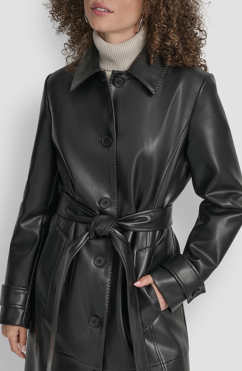 DKNY Faux Leather Trench Coat, Alternate, color, Black