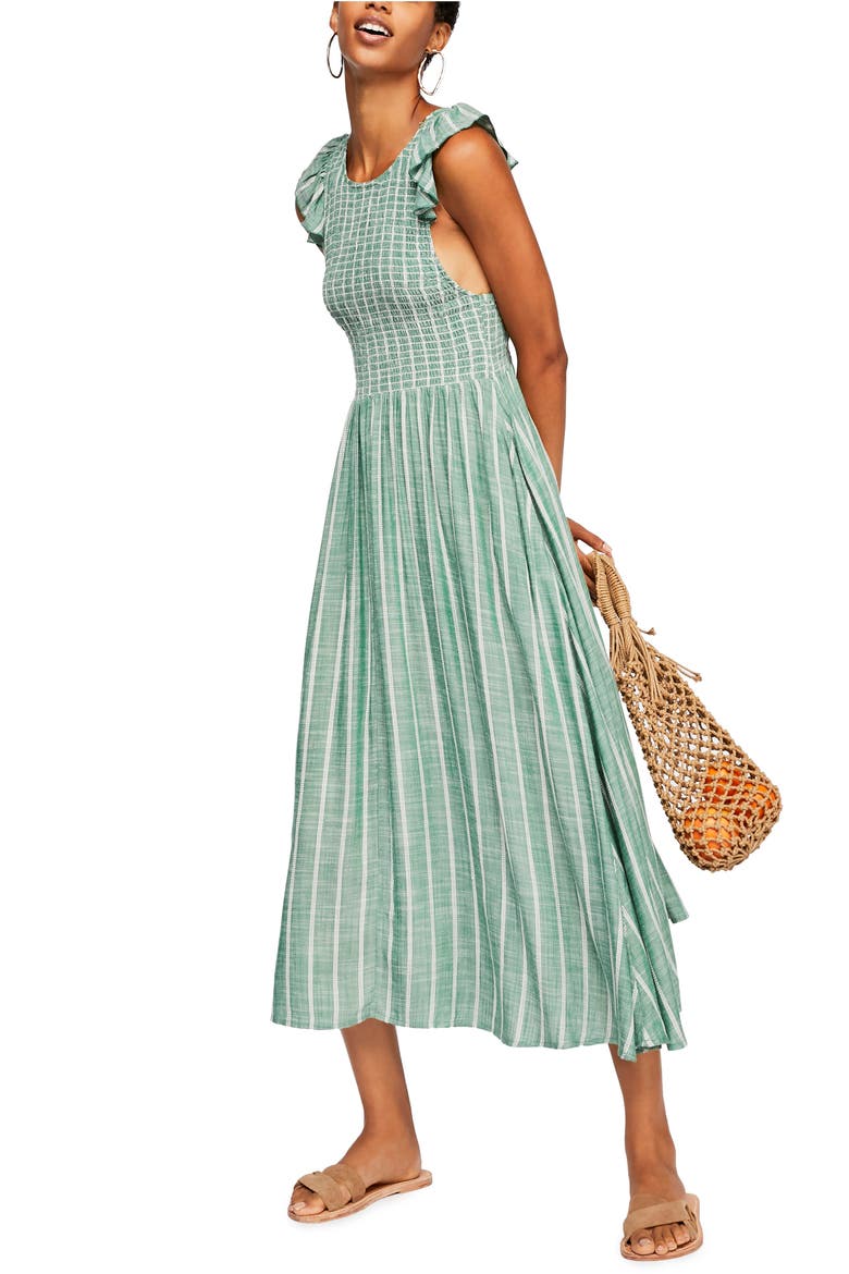 Butterflies Chambray Midi Dress, Main, color, GREEN STRIPE