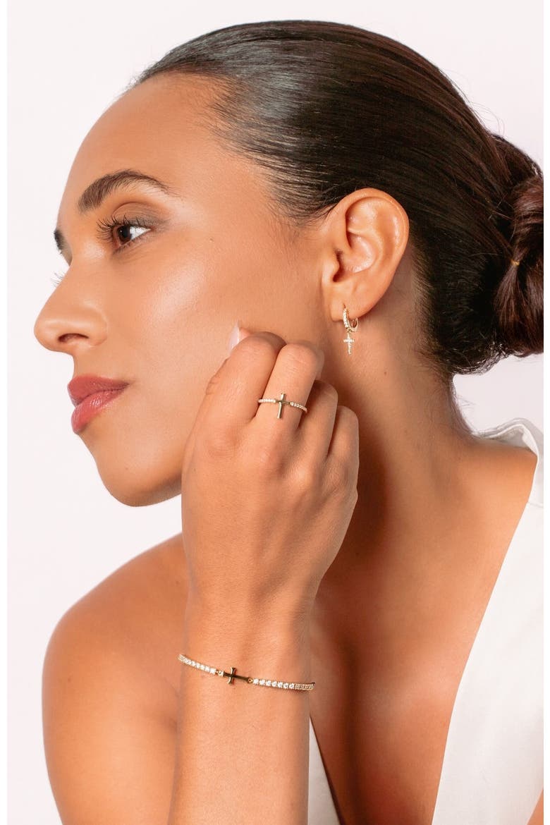 Luminous Pavé Cross Huggie Hoop Earrings, Alternate, color, 18k Gold Plated