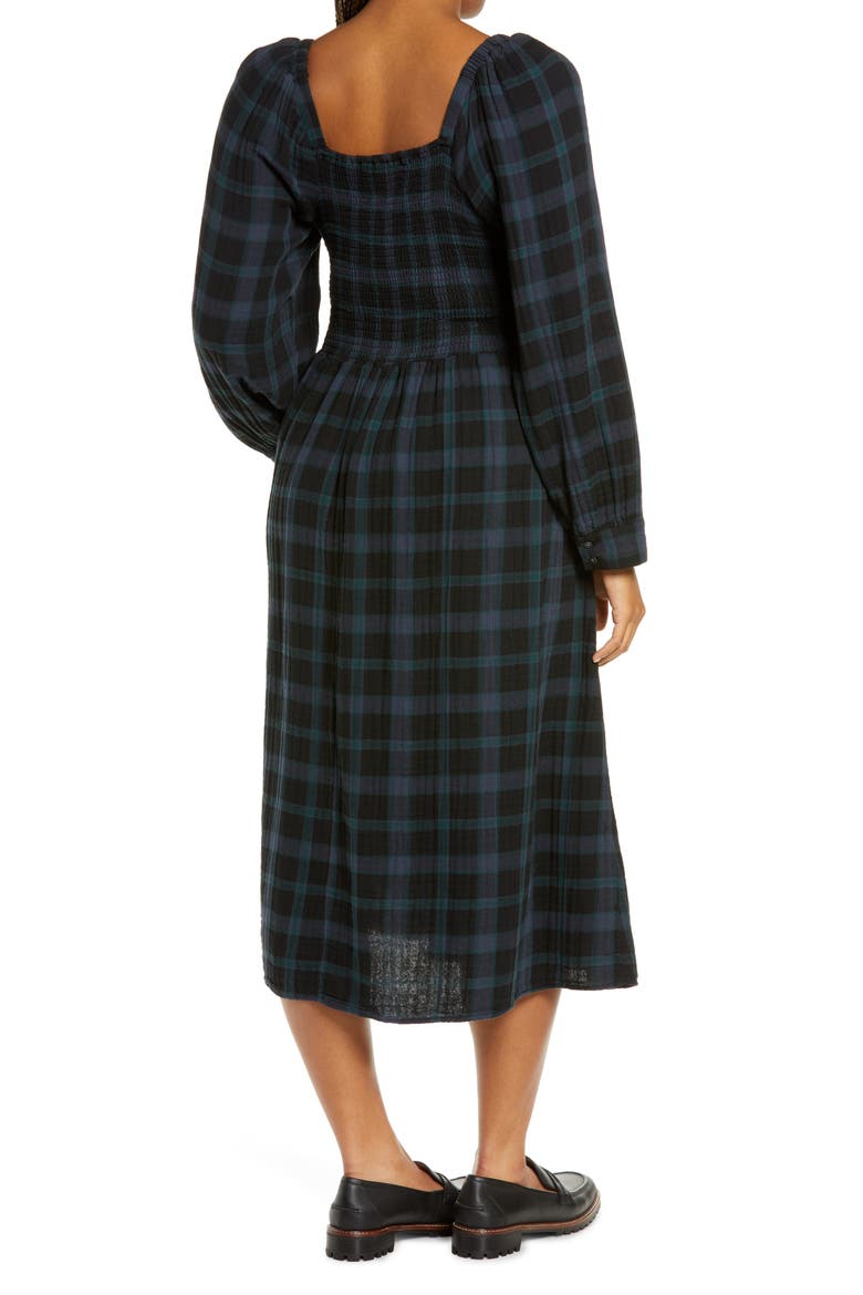 Lucie Livonia Plaid Lightspun Long Sleeve Smocked Midi Dress, Alternate, color, DARK BALTIC