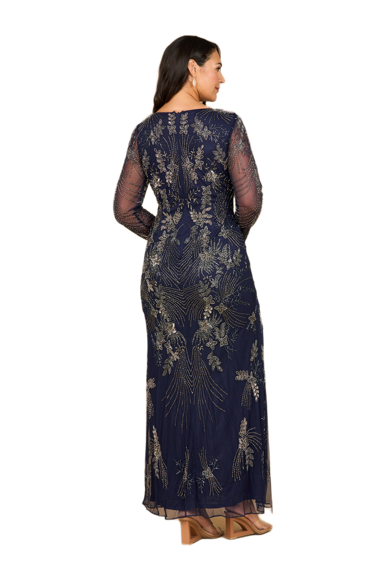 Long Sleeve Queen Anne Beaded Gown, Alternate, color, Navy