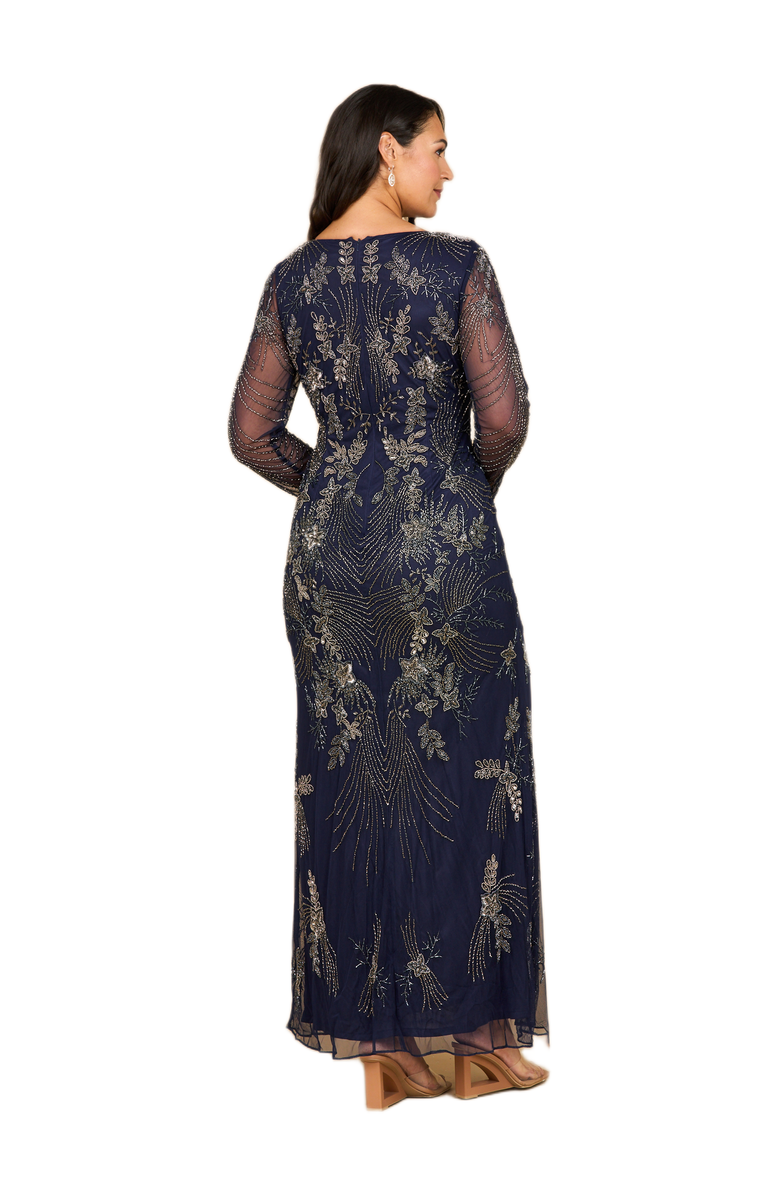 LARA New York Long Sleeve Queen Anne Beaded Gown, Alternate, color, Navy