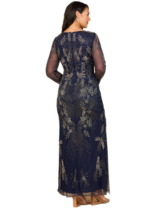 Lara New York Long Sleeve Queen Anne Beaded Gown In Blue