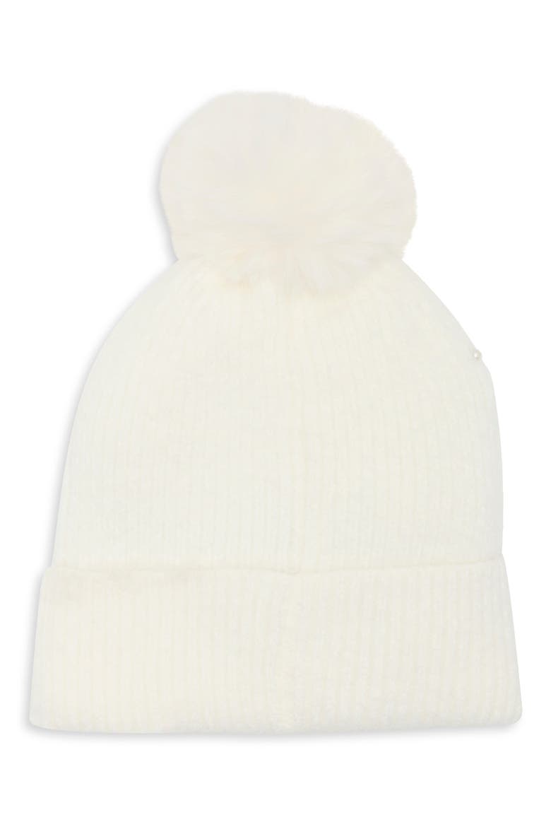 Star Embellished Faux Fur Pom Beanie, Alternate, color, WHITE
