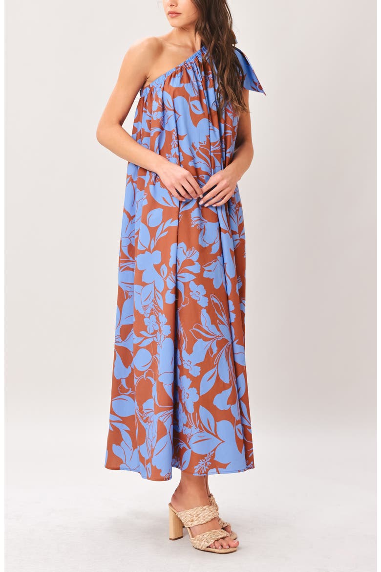 One Shoulder Cotton Midi Dress, Alternate, color, BROWN