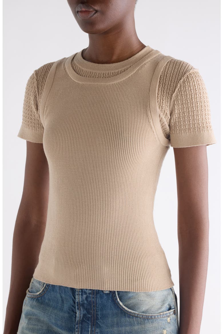 Prelayered Wool Blend Rib Pointelle Knit Sweater, Alternate, color, BEIGE