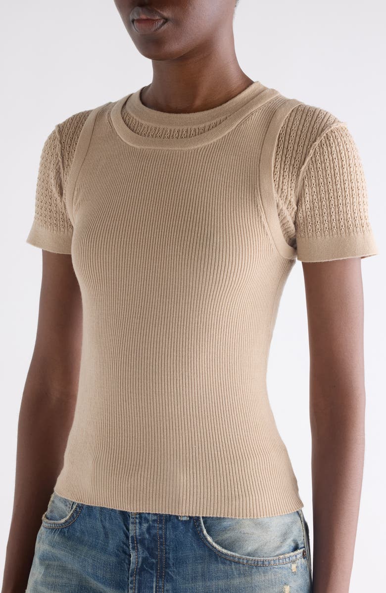 Acne Studios Prelayered Wool Blend Rib Pointelle Knit Sweater, Alternate, color, Beige
