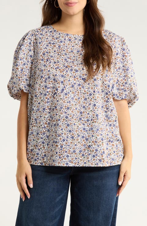 Heath Floral Print Puff Sleeve Shirt (Plus)