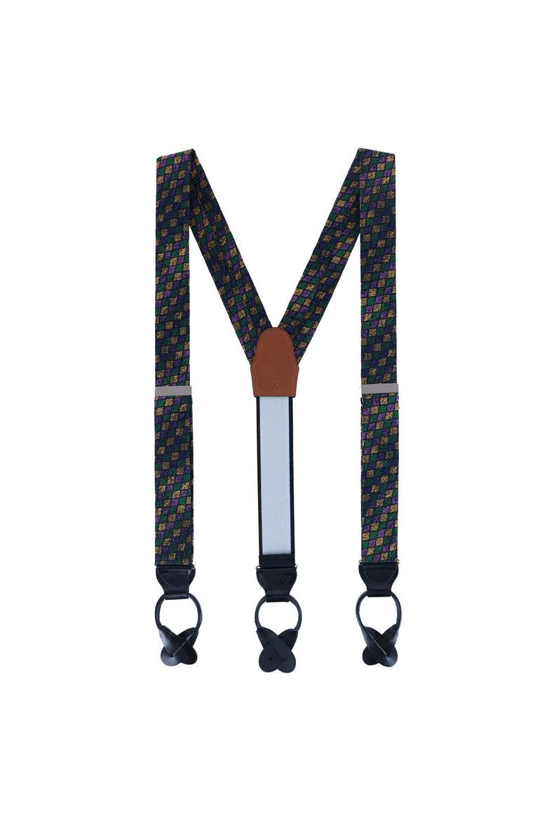 Carnival Diamond Multi-Colored Novelty Silk Button End Suspenders, Alternate, color, Purple, Green, and Yellow