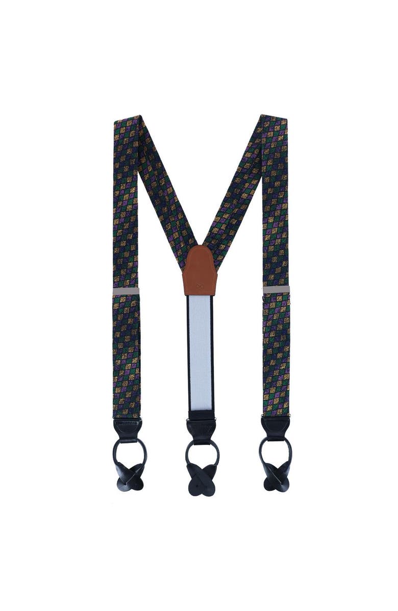 Trafalgar Carnival Diamond Multi-Colored Novelty Silk Button End Suspenders, Alternate, color, Purple, Green, And Yellow