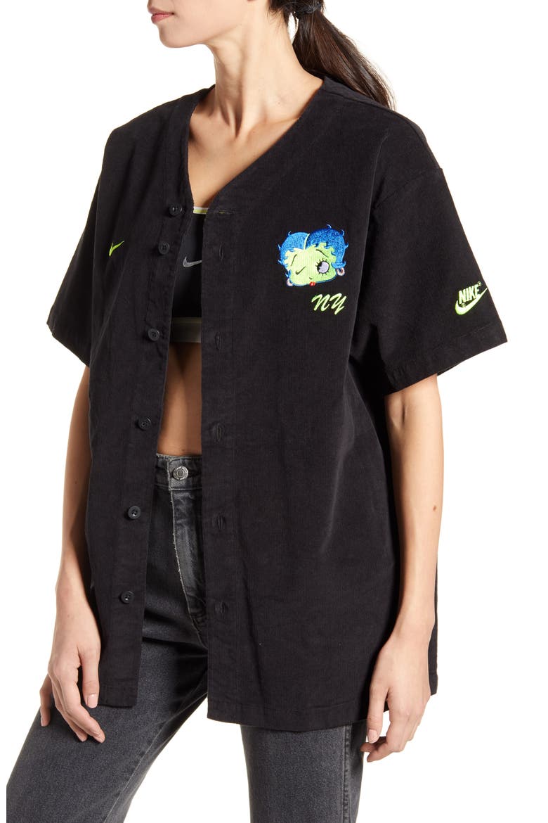 x Olivia Kim Corduroy Baseball Jersey, Alternate, color, BLACK