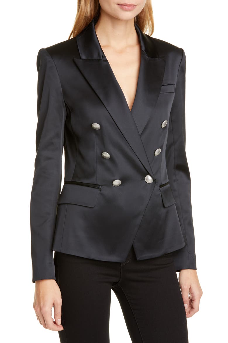 Kenzie Satin Double Breasted Blazer, Alternate, color, BLACK