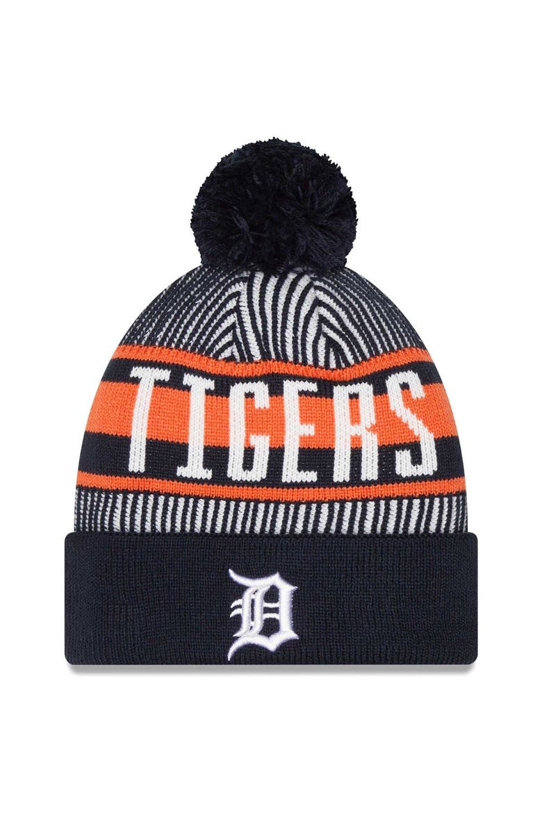 Men's New Era Navy Detroit Tigers Striped Cuffed Knit Hat with Pom, Main, color, Navy