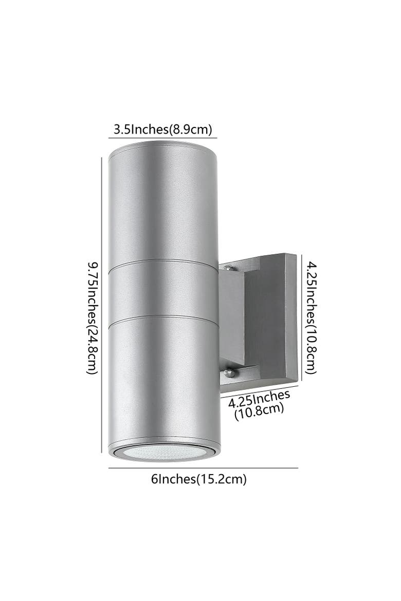 Duo 2-Light Modern Midcentury Cylinder Outdoor Metal/Glass Integrated LED Sconce with Uplight, Alternate, color, Silver