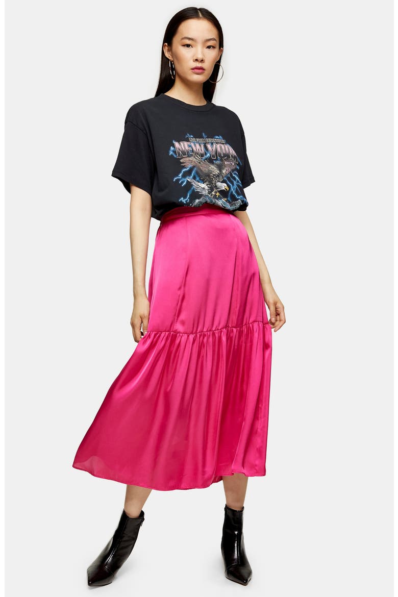 Satin Tiered Midi Skirt, Alternate, color, PINK