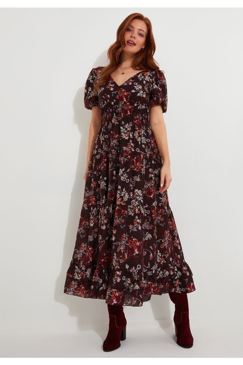 V-Neck Flounce Midi Dress, Alternate, color, MULBERRY GARDEN