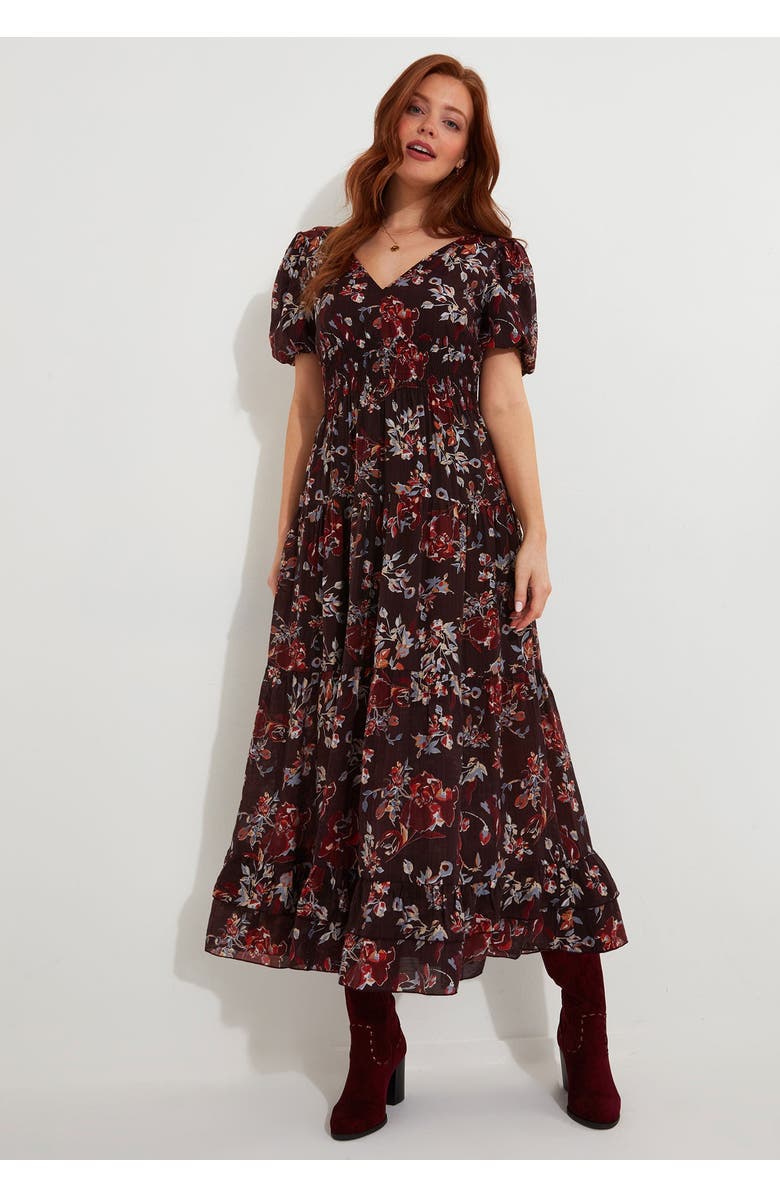 Joe Browns V-Neck Flounce Midi Dress, Alternate, color, Mulberry Garden
